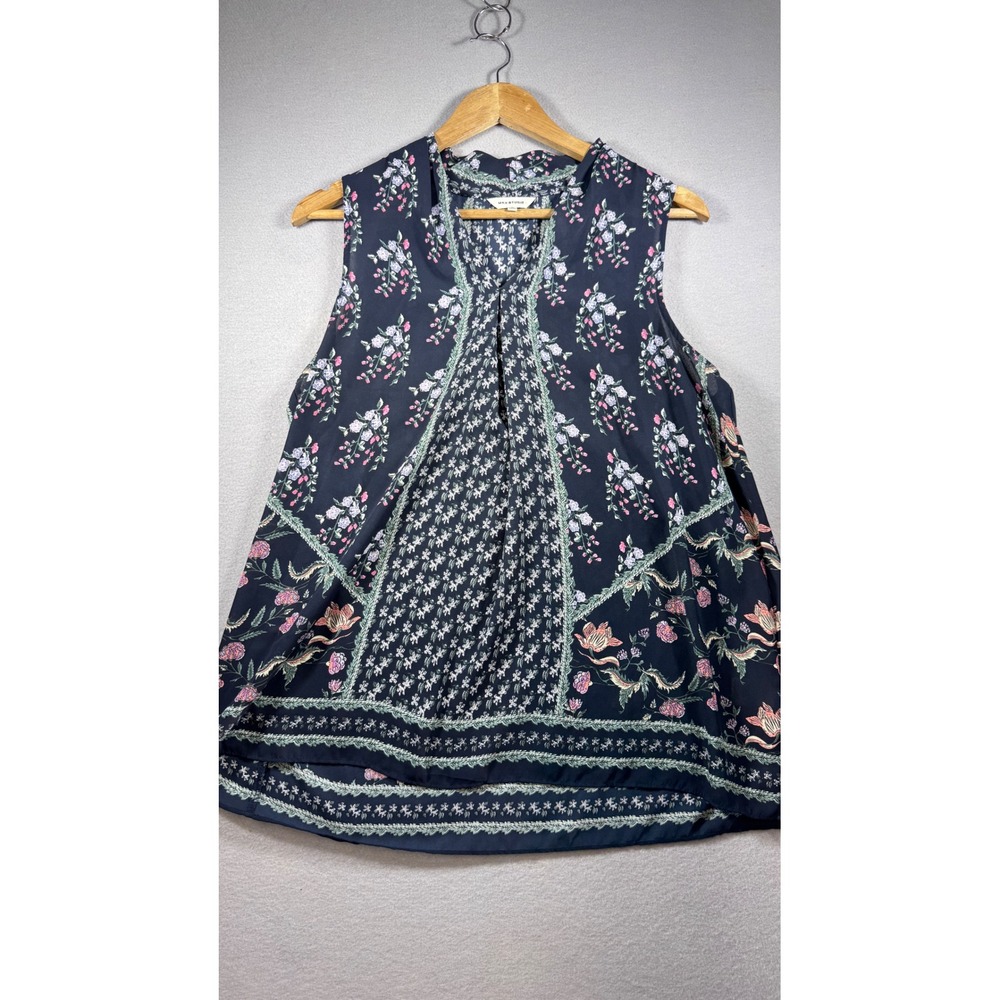 Max Studio Womens‎ Navy Blue Floral Sleeveless V-Neck Blouse Top Size Medium